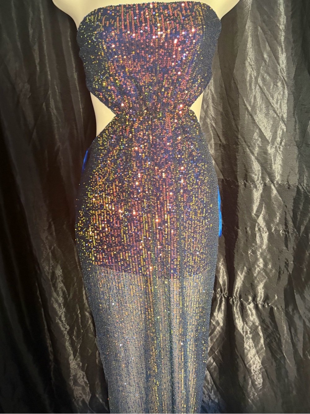 Fashion Nova Strapless Holographic Sequin Cutout Gown - Blue